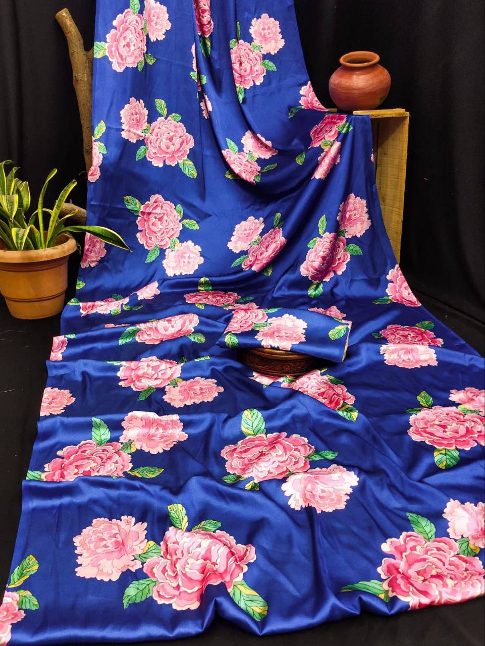 Royal Bloom Blue Satin Floral Printed Saree – Elegant Designer Party & Festive Wear Saree for Women