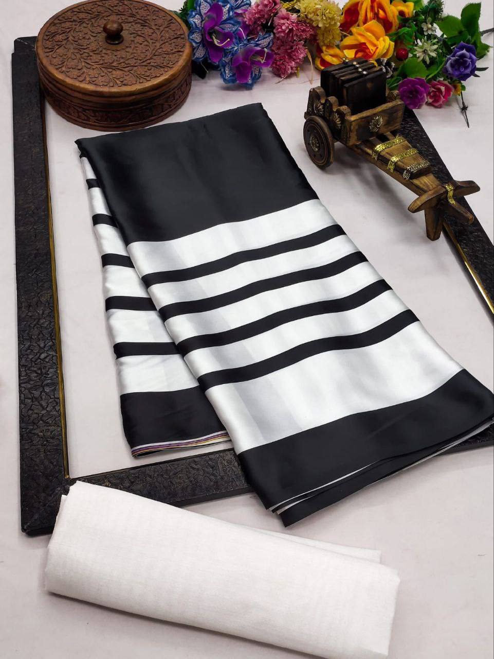 Bold Noir Black & White Striped Satin Saree – Modern Designer Party Wear Saree for Women