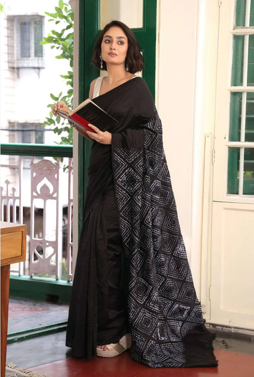 Black Bandhani Print Satin Saree – Elegant Designer Party Wear Saree for Women