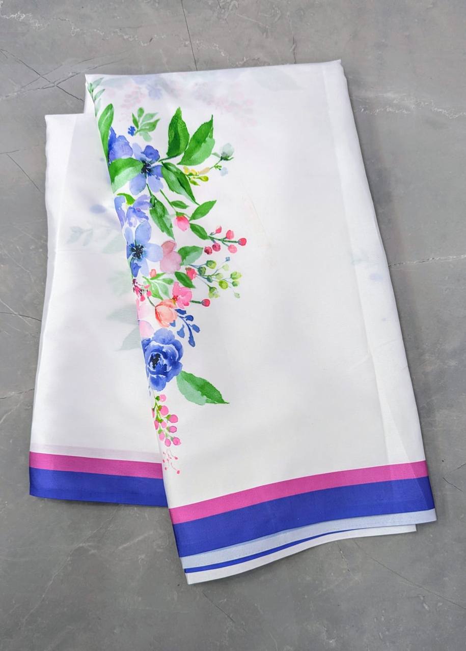 White Floral Printed Satin Saree with Blue Pink Border – Elegant Designer Party Wear Saree for Women