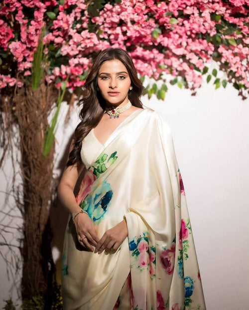 Cream Floral Printed Saree with Soft Pastel Design – Elegant Party, Day & Summer Wear Saree for Women