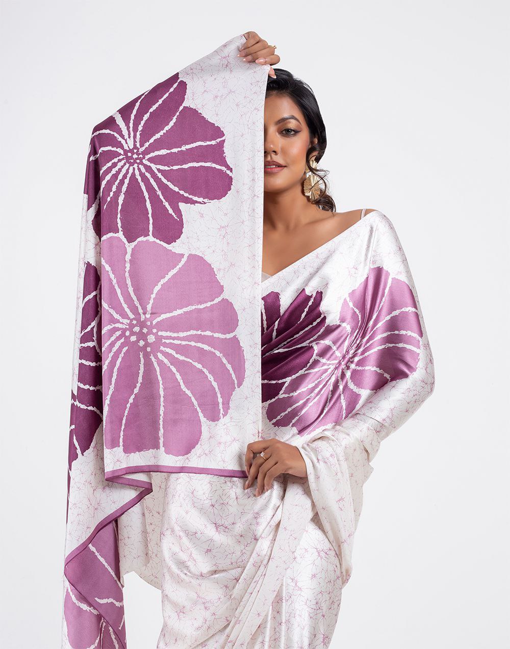 Ivory & Lavender Satin Floral Designer Saree – Elegant Party & Festive Wear Saree for Women