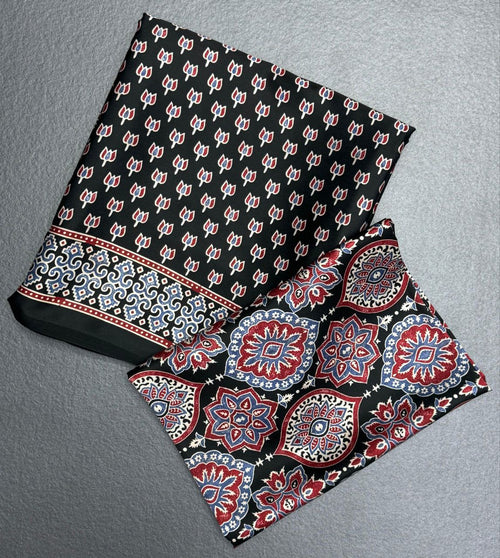 Black Ajrakh Modal Silk Saree Traditional Printed with Multicolor Traditional Border