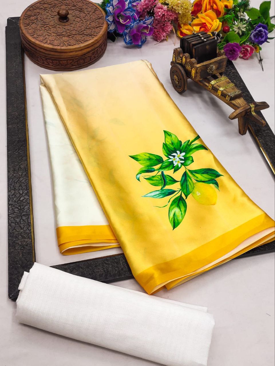Soft Yellow Floral Printed Satin Saree Elegant Lightweight Summer Wear Saree for Women