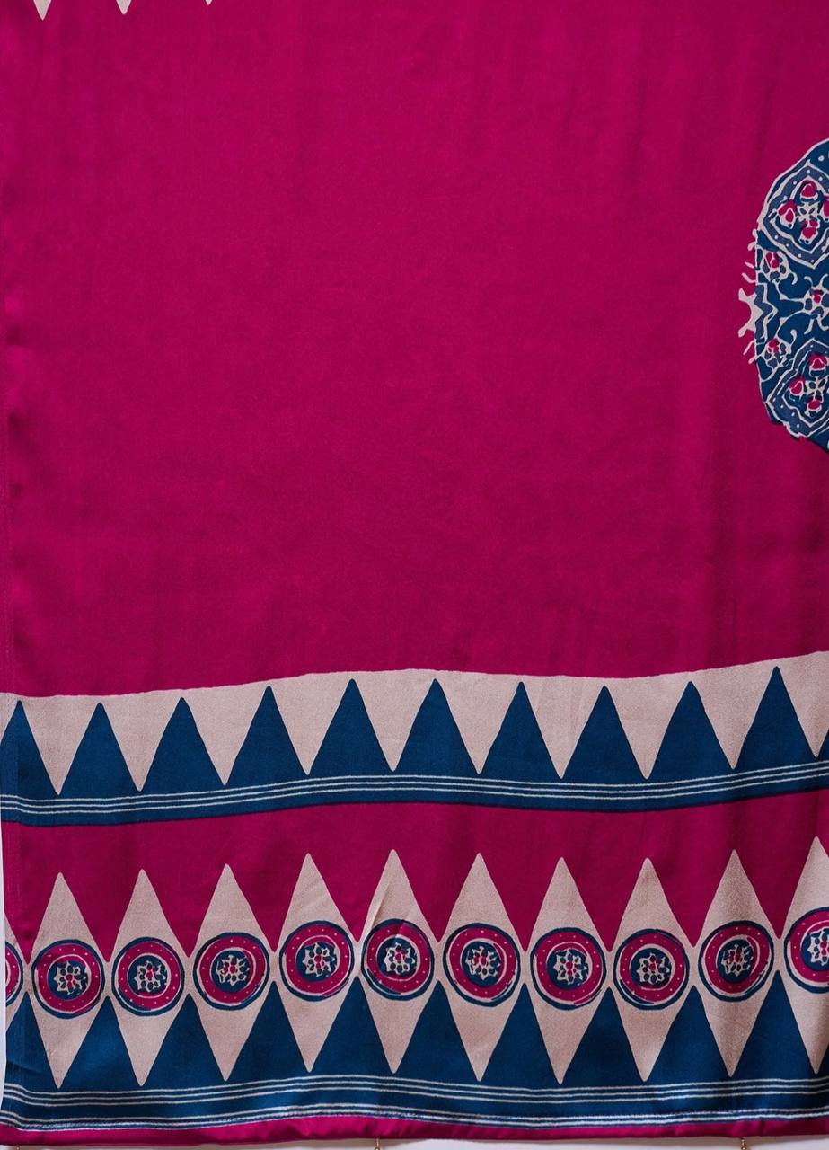 Navy Blue Magenta Striped Ajrakh Modal Silk Saree with Designer Border