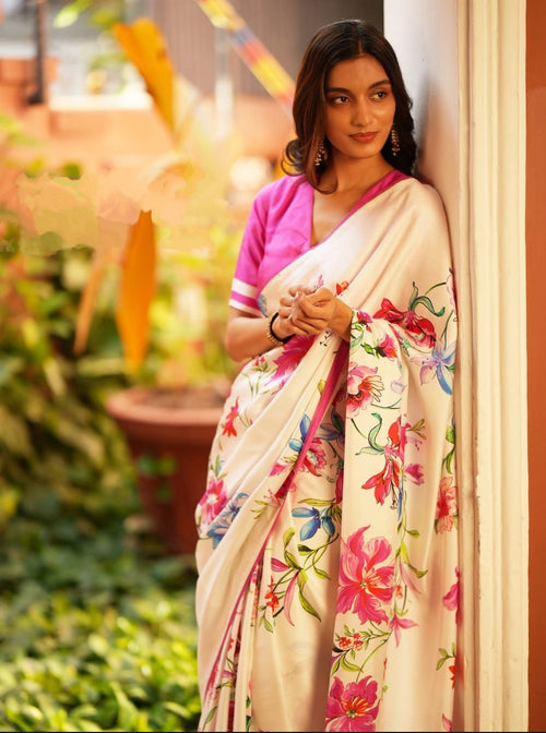 Cream Floral Printed Saree with Pink Blouse Elegant Designer Saree