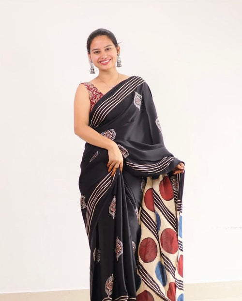 Black Multicolor Printed Ajrakh Modal Silk Saree with Designer Pallu