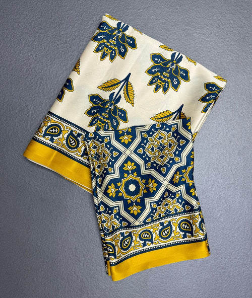 Cream & Blue Ajrakh Modal Silk Saree Traditional Printed Soft Saree with Mustard Border
