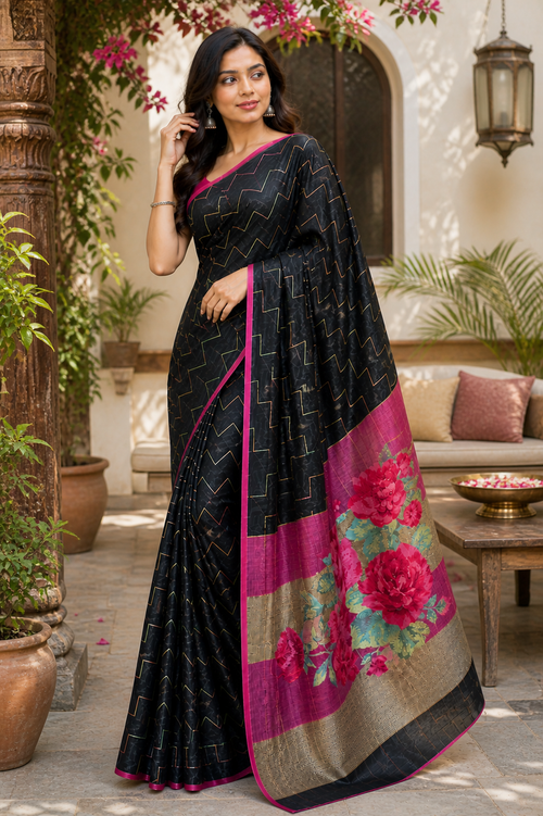 Black Premium Linen Saree with Pink Floral Border Elegant Party Wear Saree