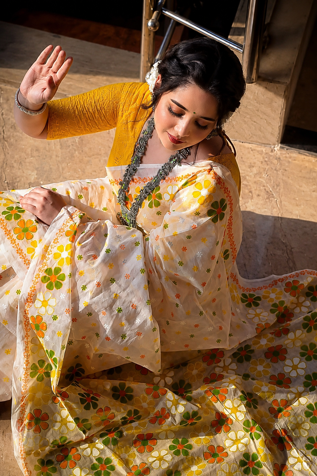 Sunshine Yellow Floral Linen Cotton Saree