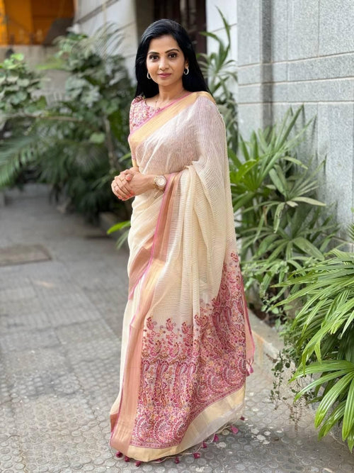 Cream & Blush Pink Linen Saree with Floral Printed Border & Elegant Pallu