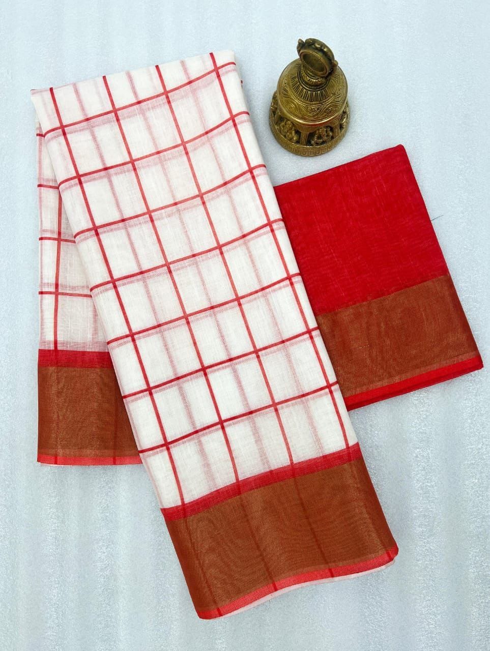 Off-White and Red Checkered Linen Saree with Zari Border