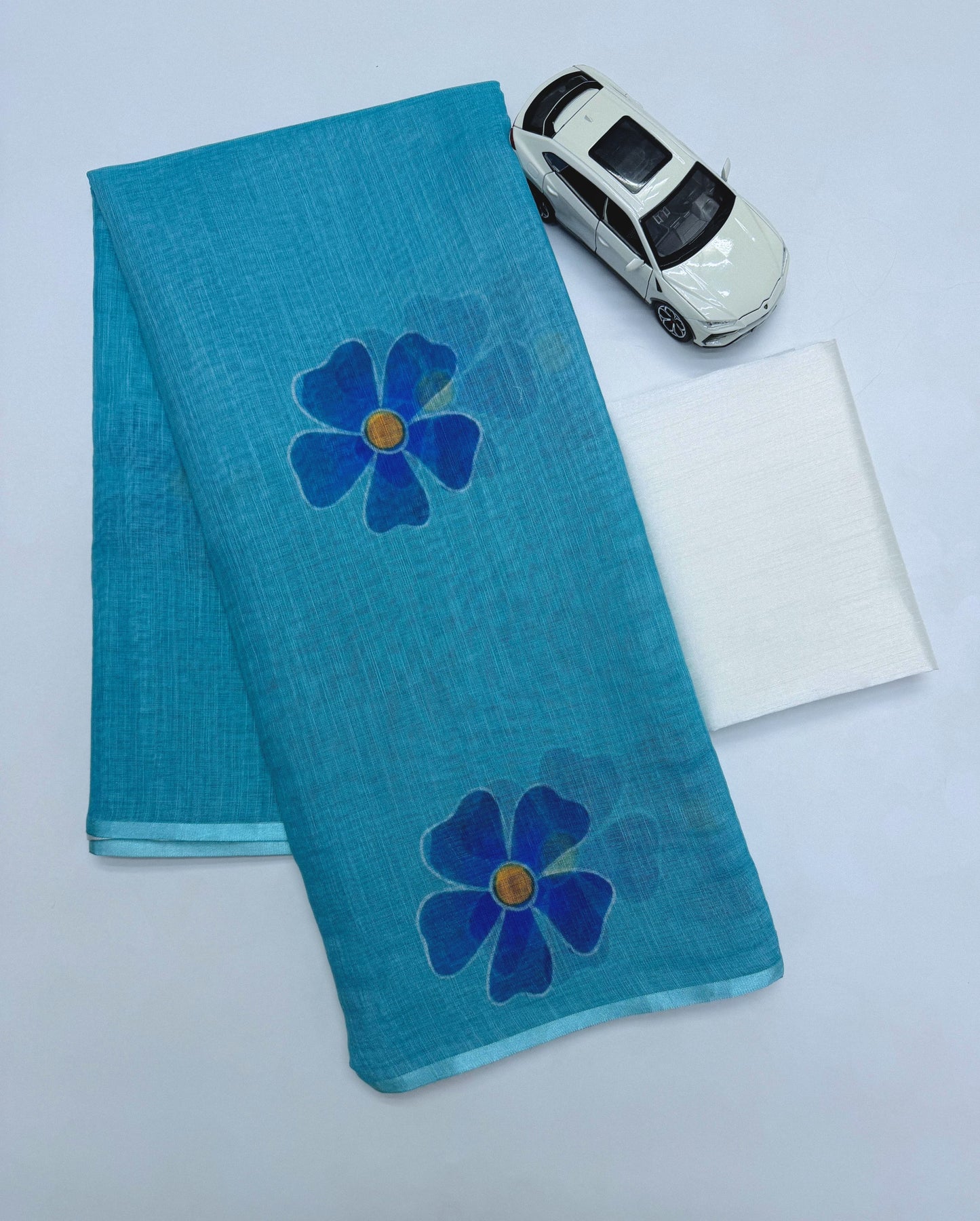 Light Blue Linen Saree with Large Floral Print