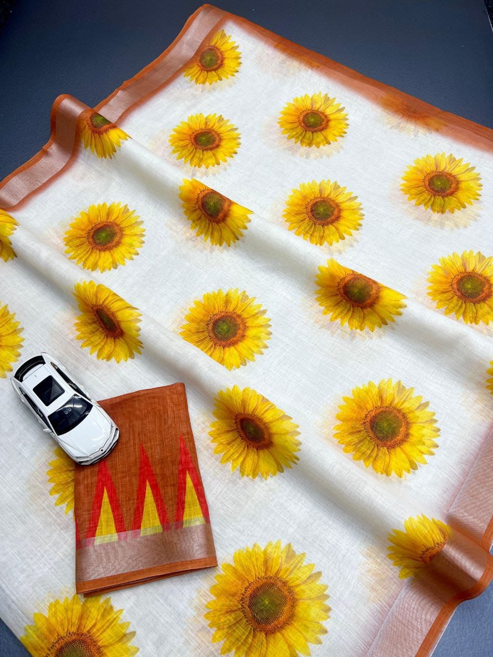 White and Rust Linen Saree with Sunflower Print