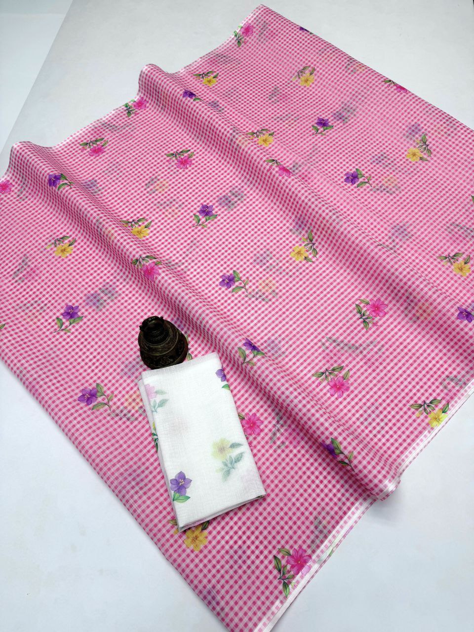 Pink Gingham Linen Saree with Floral Prints