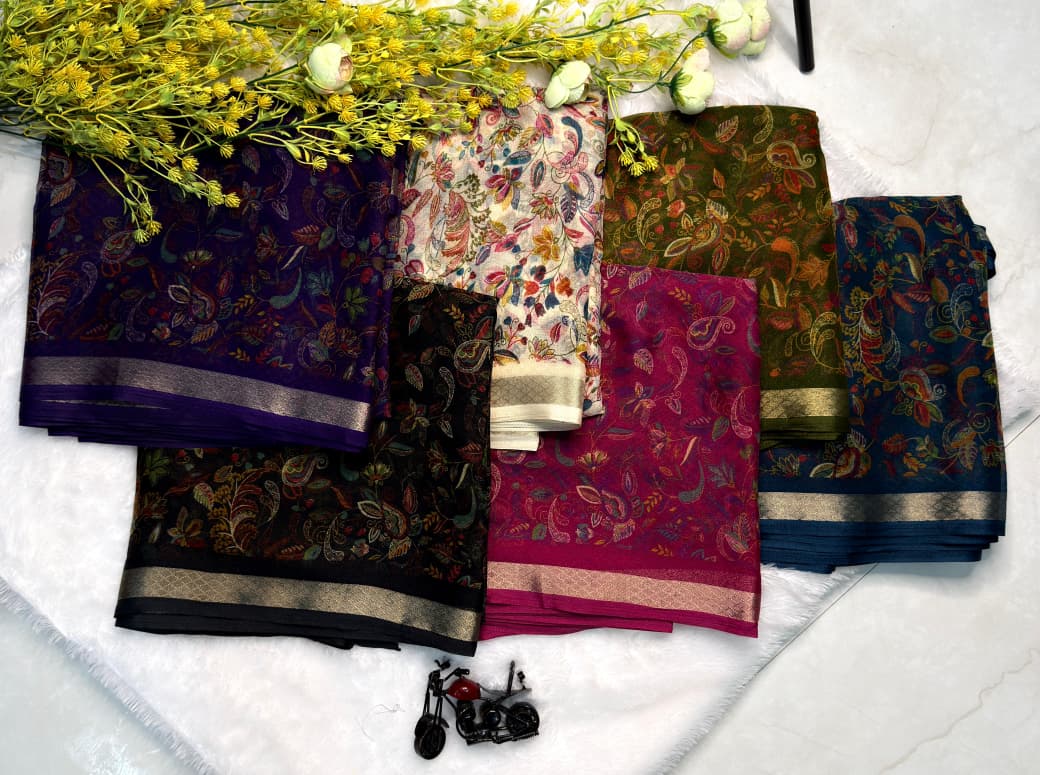 Deep Purple Floral Paisley Printed Saree with Zari Border