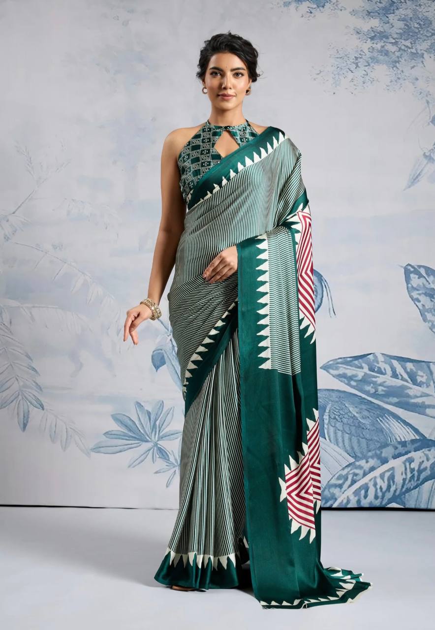 Elegant Dark Green Geometric Printed Saree with Striped Design & Designer Border – Modern Party & Office Wear Saree