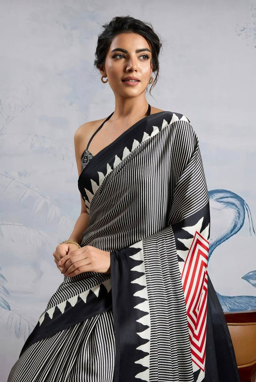 Classic Black Geometric Printed Saree with Striped Design & Designer Border – Elegant Party & Office Wear Saree