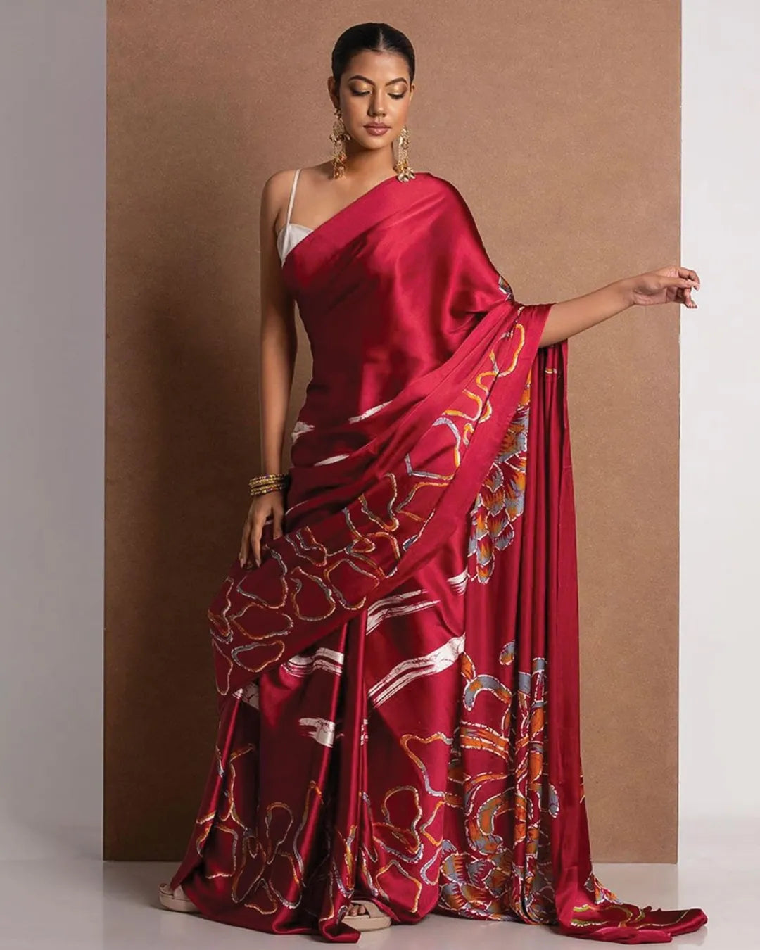 Crimson Red Satin Abstract Floral Designer Saree – Elegant Party & Festive Wear Saree for Women
