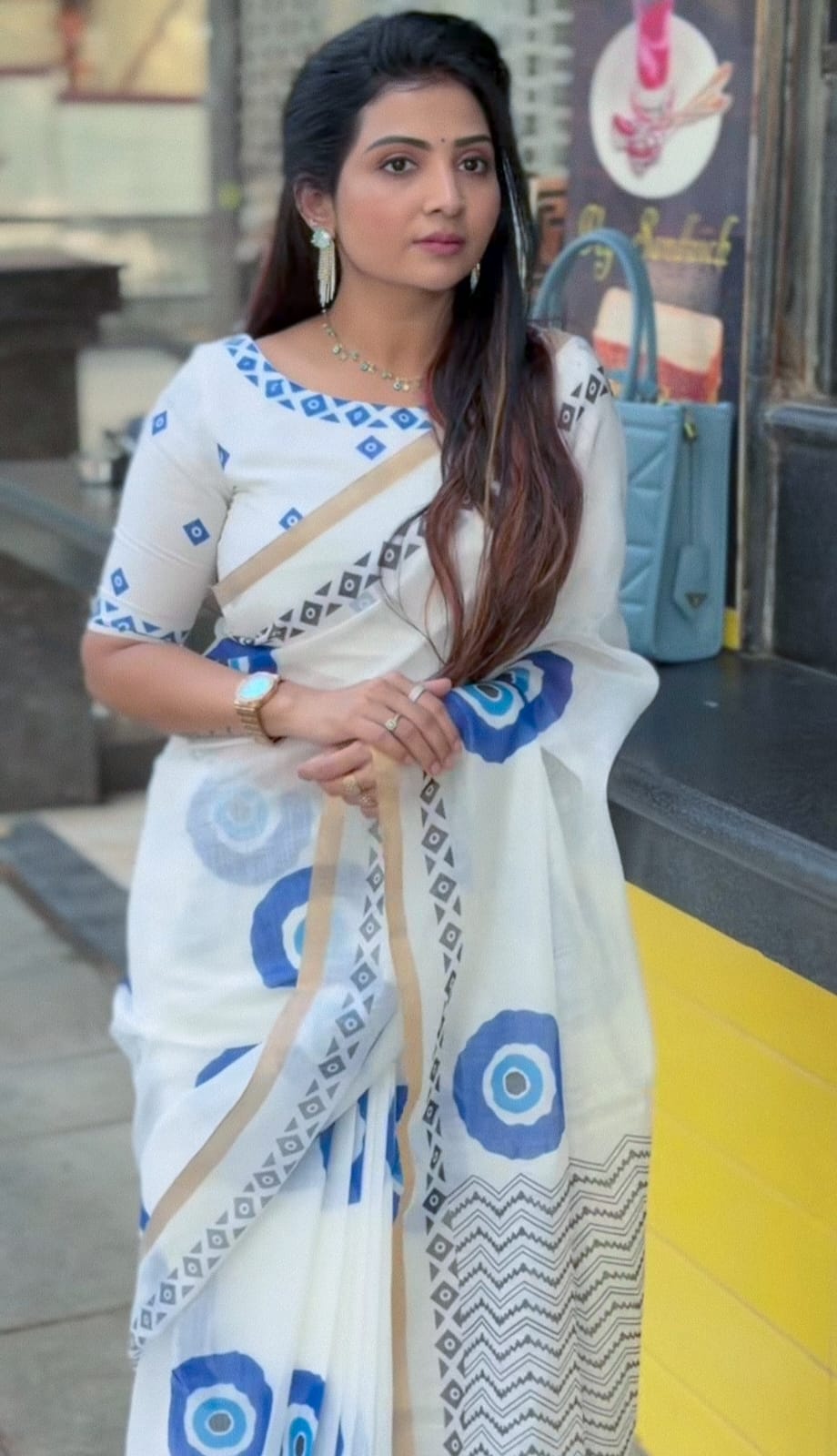 White Linen Saree with Blue Abstract Print & Contrast Border