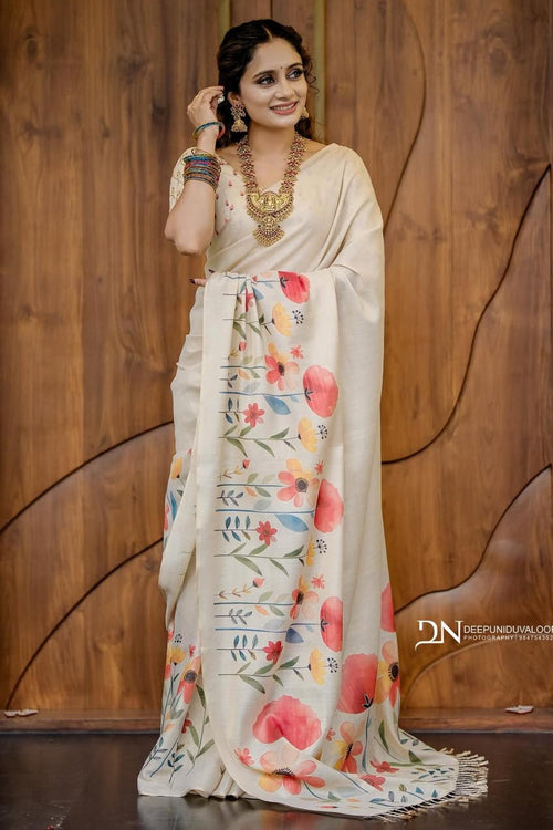 Beige Floral Satin Saree Elegant Lightweight Printed Saree for Women