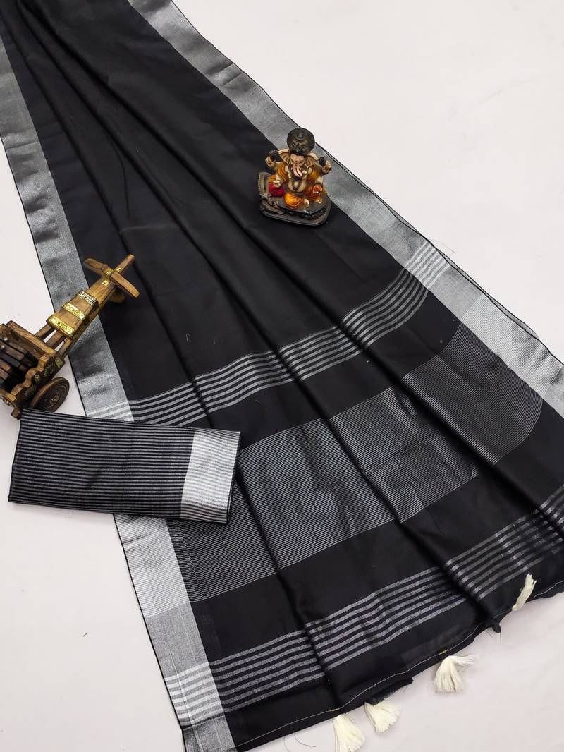 Black Linen Saree with Silver Border Lightweight Elegant Linen Saree for Women