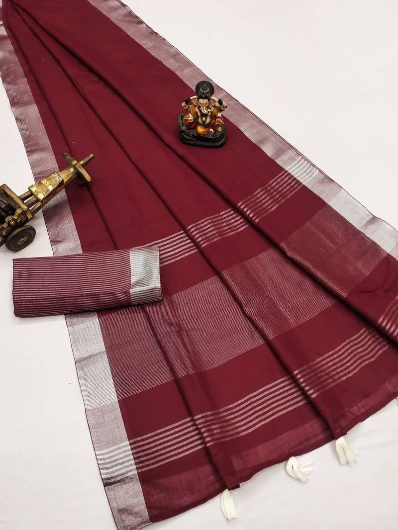 Red Linen Saree with Silver Border Elegant Lightweight Festive Wear Saree for Women
