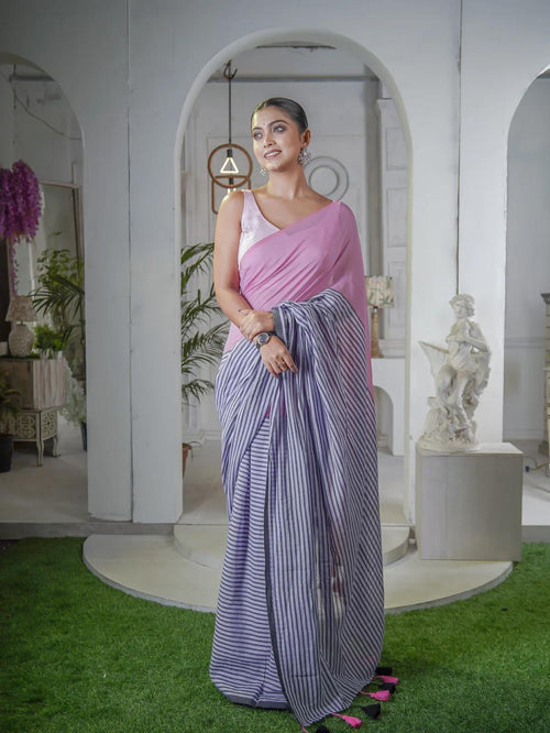 Blush Pink & Slate Grey Linen Saree with Striped Pallu