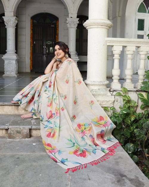 Beige Cream & Multicolor Floral Linen Saree with Tassels