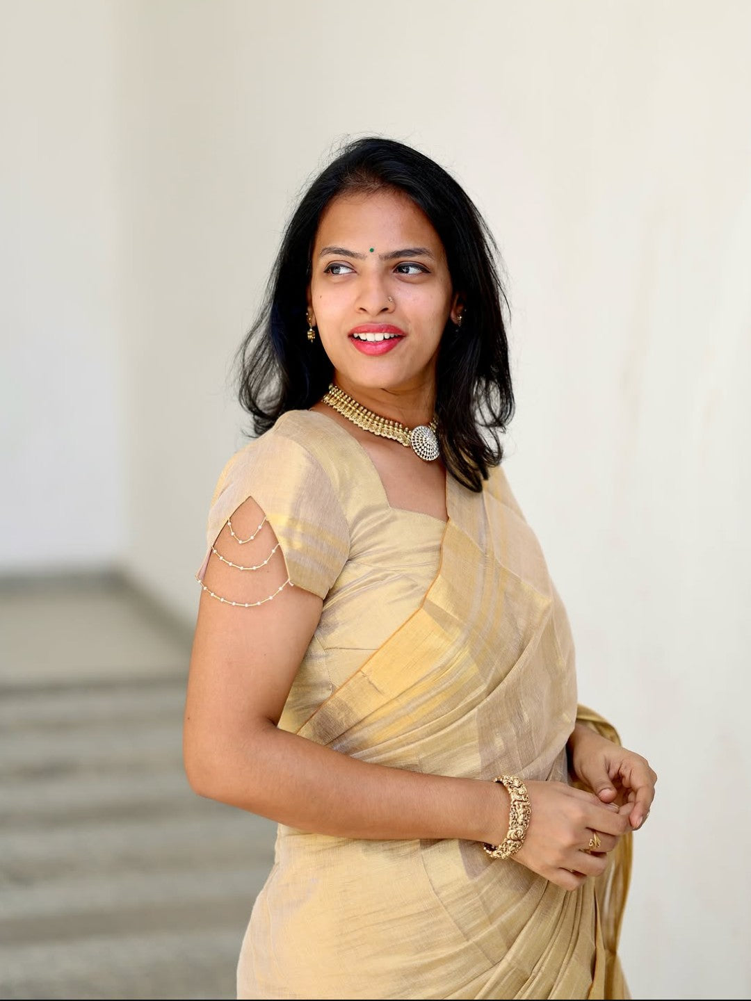 Golden Beige Soft Linen Saree with Zari Stripes & Tassel Border