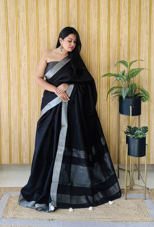 Black Linen Saree with Silver Border Lightweight Elegant Linen Saree for Women