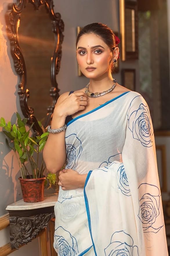 White Blue Floral Print Linen Cotton Saree
