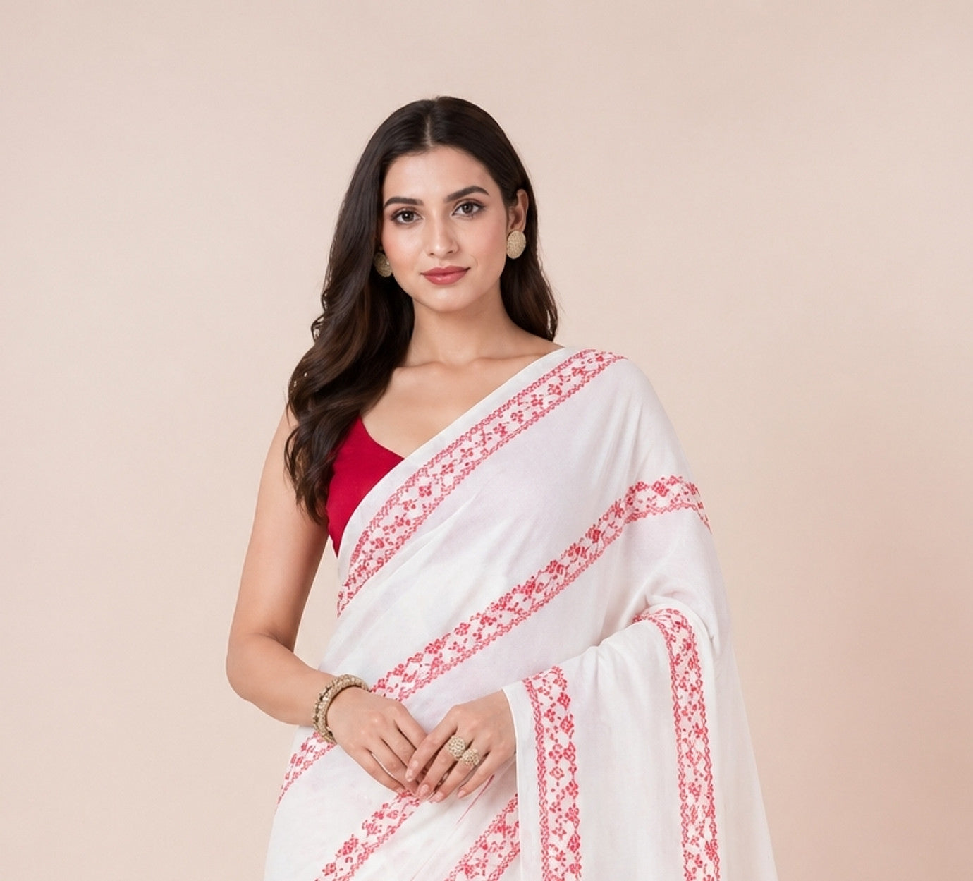 White Saree with Traditional Red Embroidery