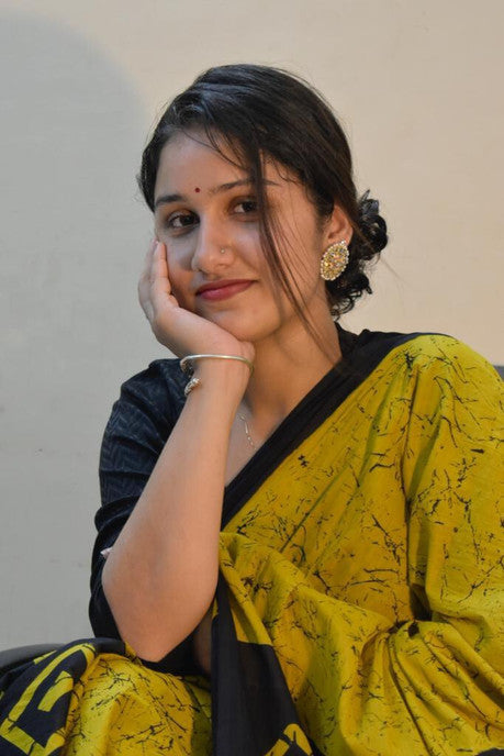 Mustard Yellow and Black Geometric Batik Saree