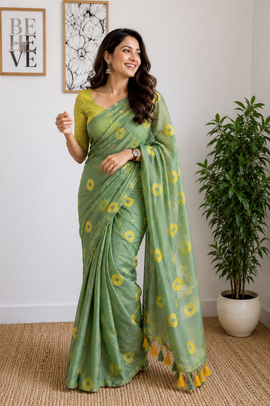 Olive Green Shibori Print Saree with Contrast Yellow Blouse