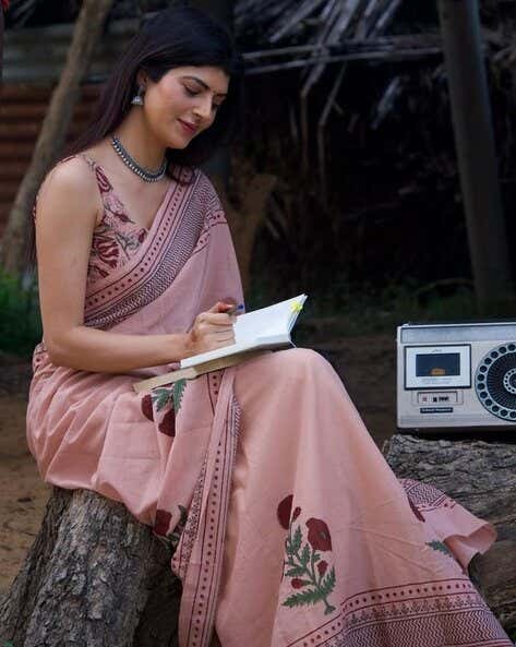 Pastel Pink Floral Printed Saree with Matching Blouse