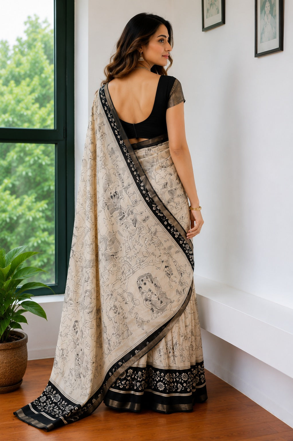 Beige and Black Kalamkari-Style Printed Saree