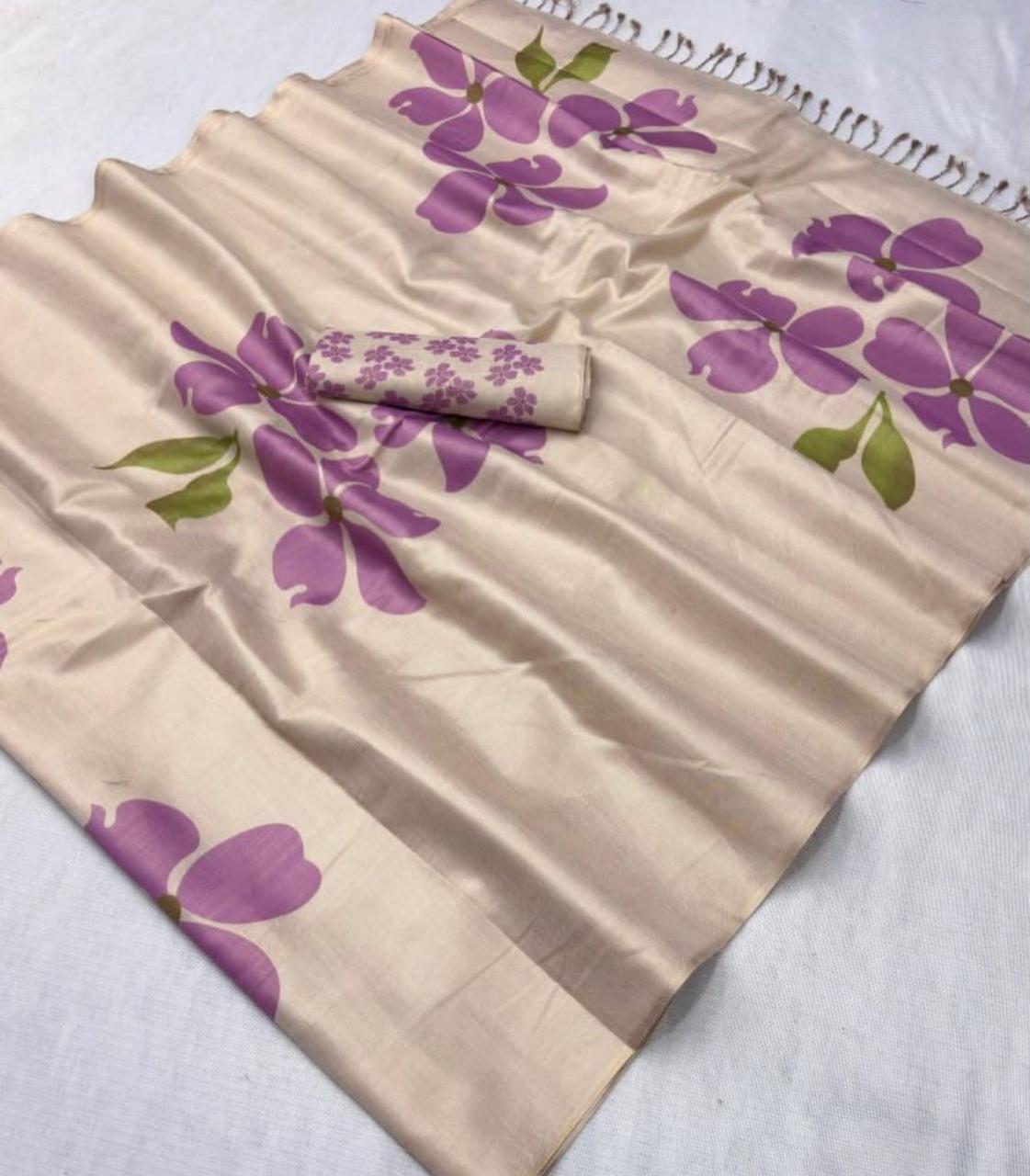 Cream and Purple Floral Erode Silk Saree