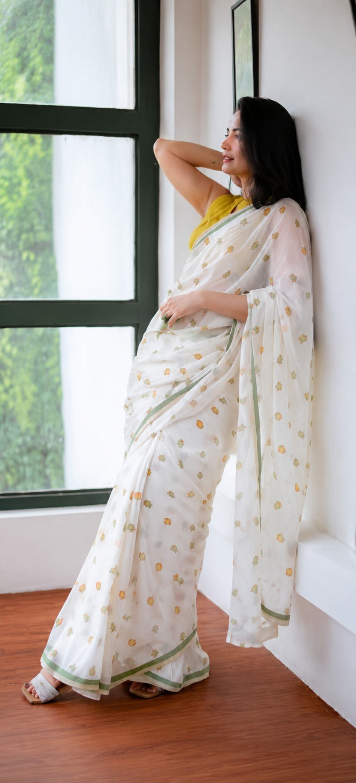 Off-White Floral Embroidered Saree with Olive Green Border