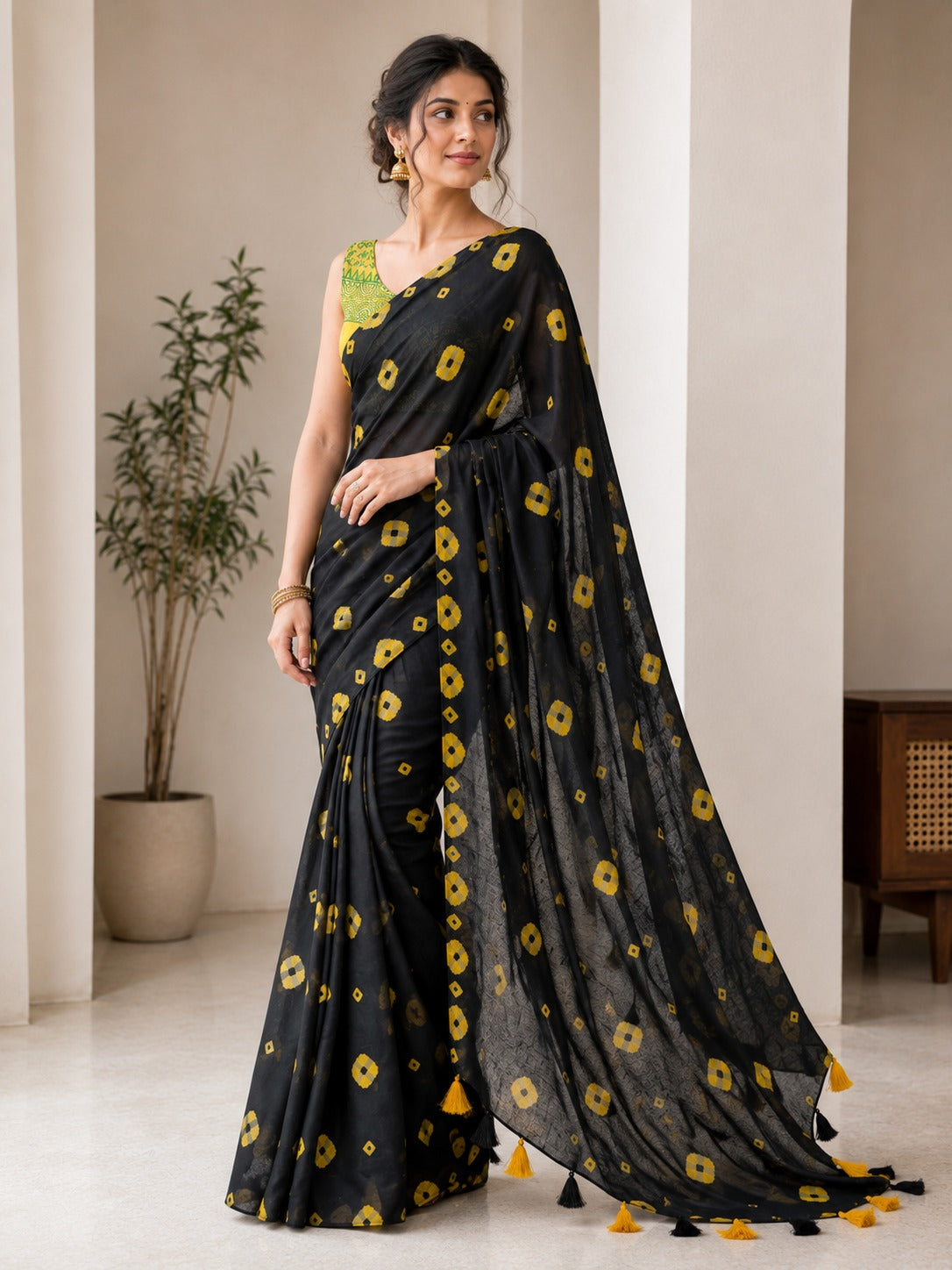 Black and Yellow Bandhani-Inspired Saree