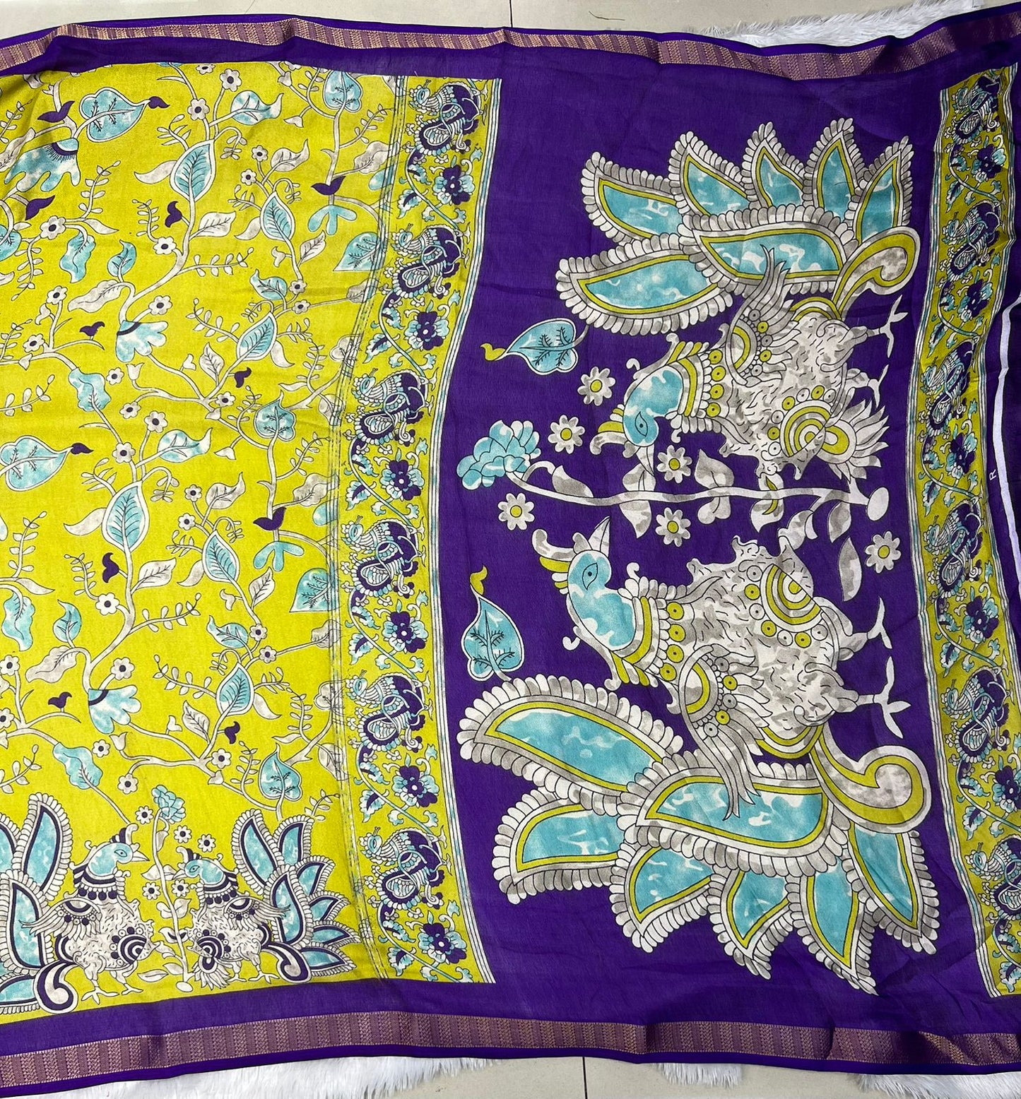 Lime Green and Purple Floral Saree with Peacock Pallu