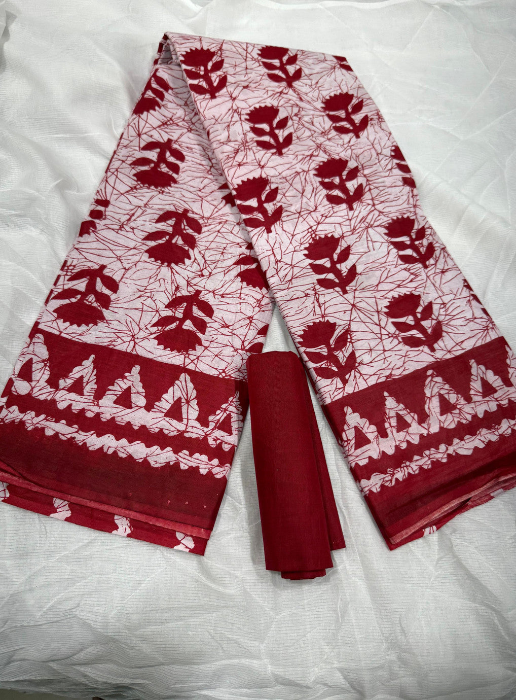 Crimson Floral Batik Saree with Solid Blouse
