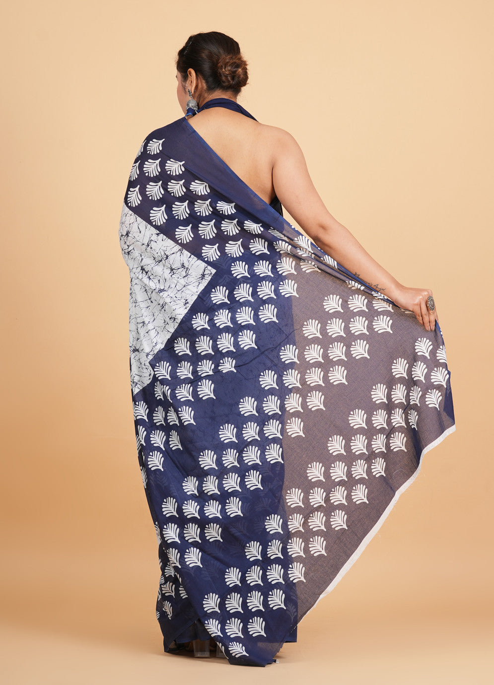 Navy Blue and White Batik-Style Saree