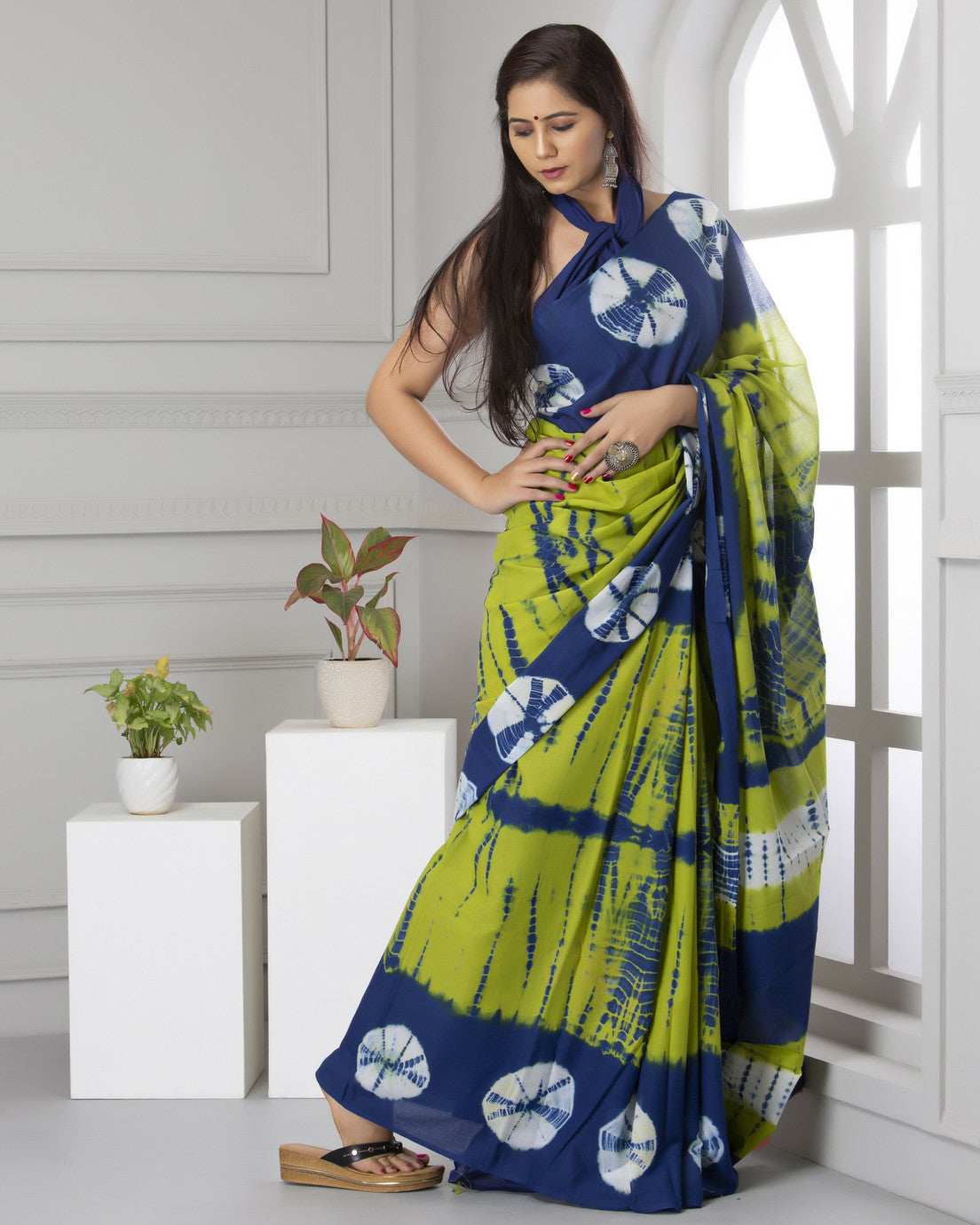 Lime Green and Indigo Tie-Dye Saree