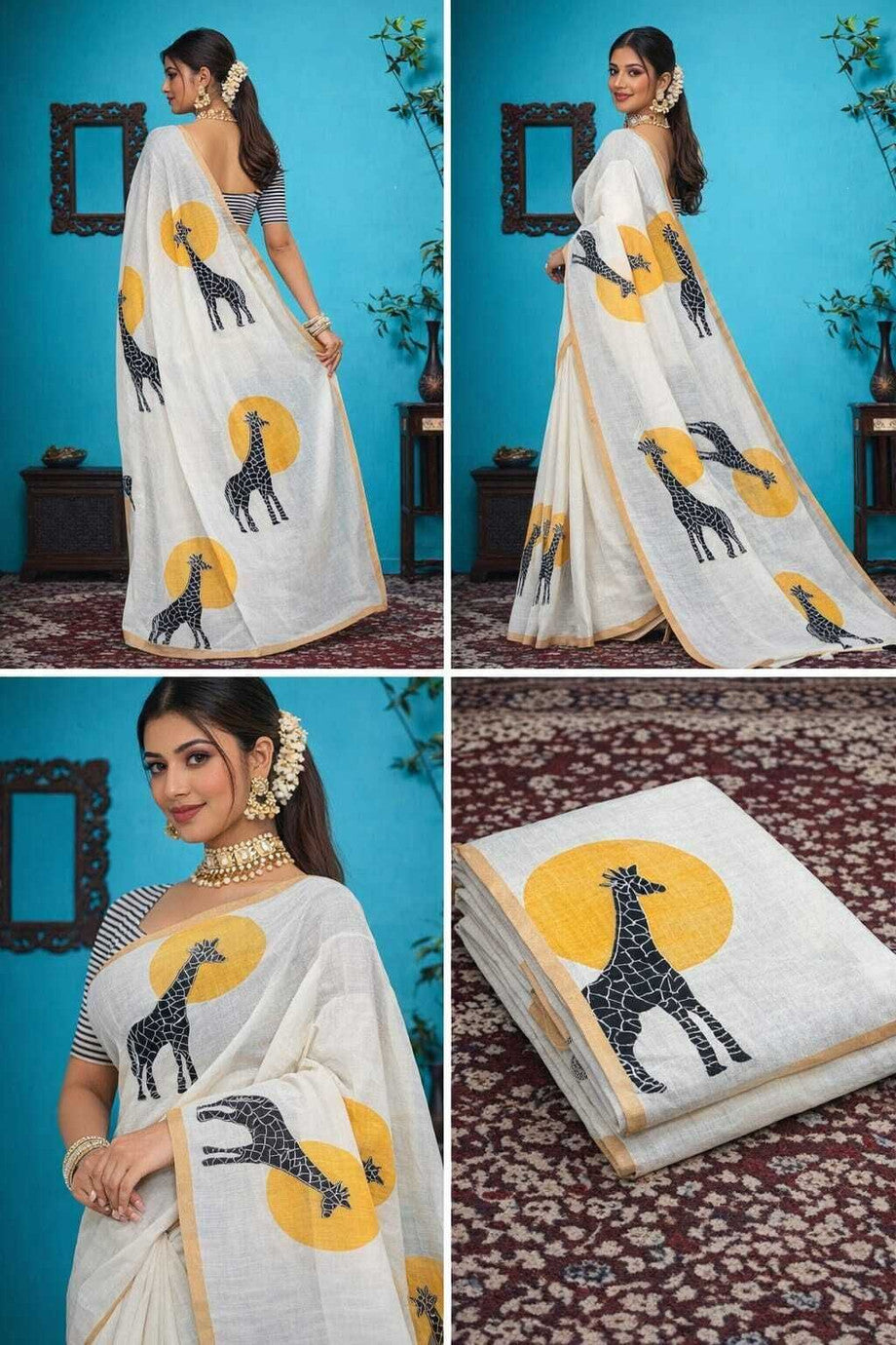 Whimsical Giraffe Motif Saree with Striped Blouse