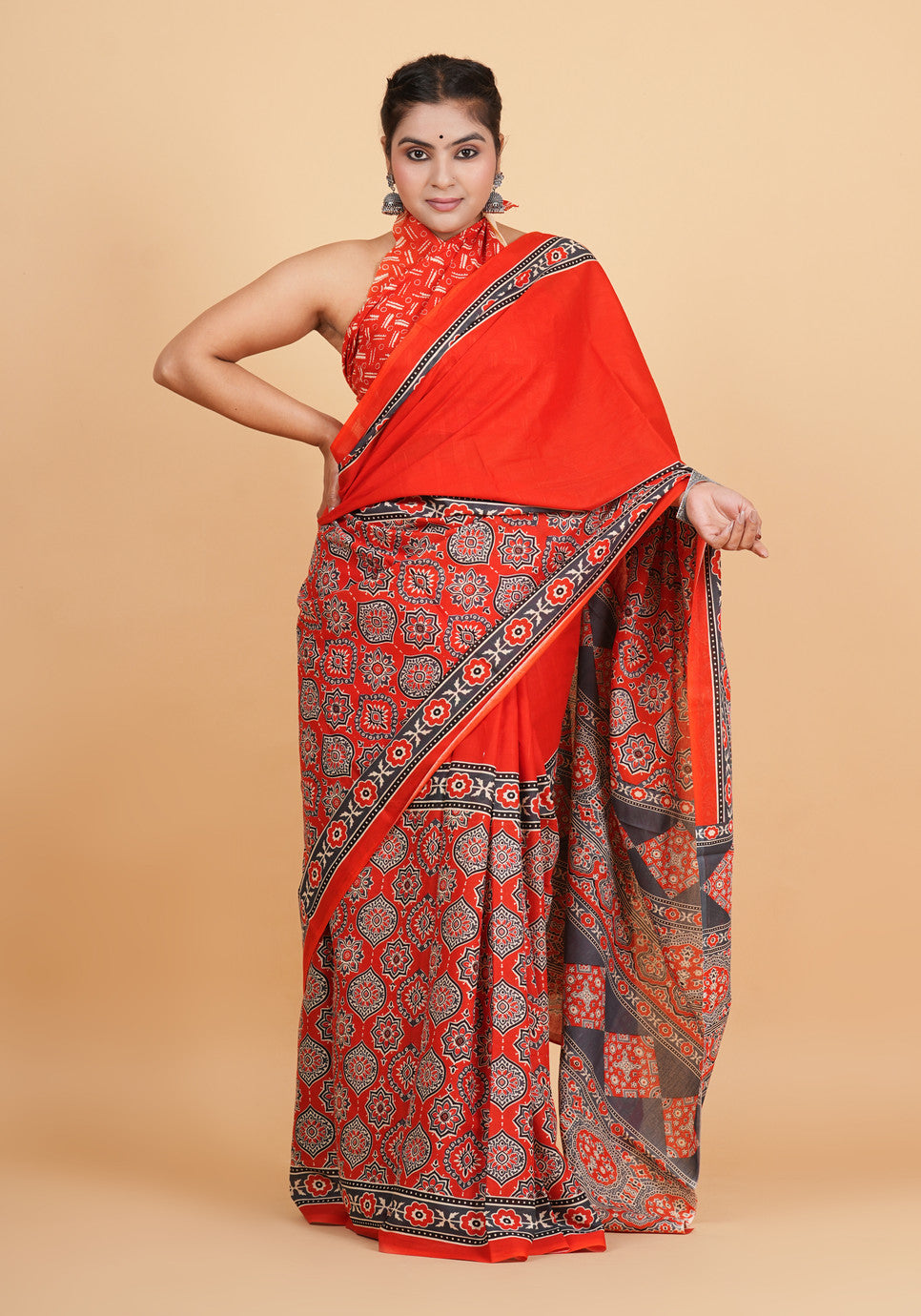 Vibrant Red and Charcoal Geometric Block-Print Saree
