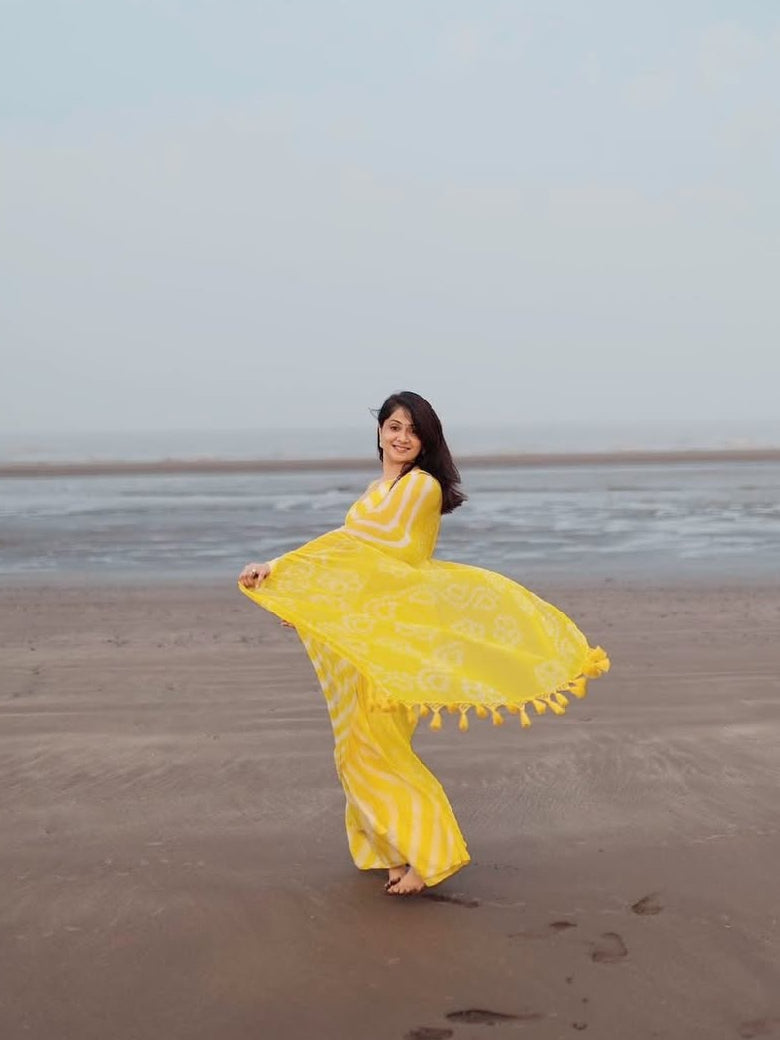Radiant Yellow Chevron Leheriya Saree with Tassels
