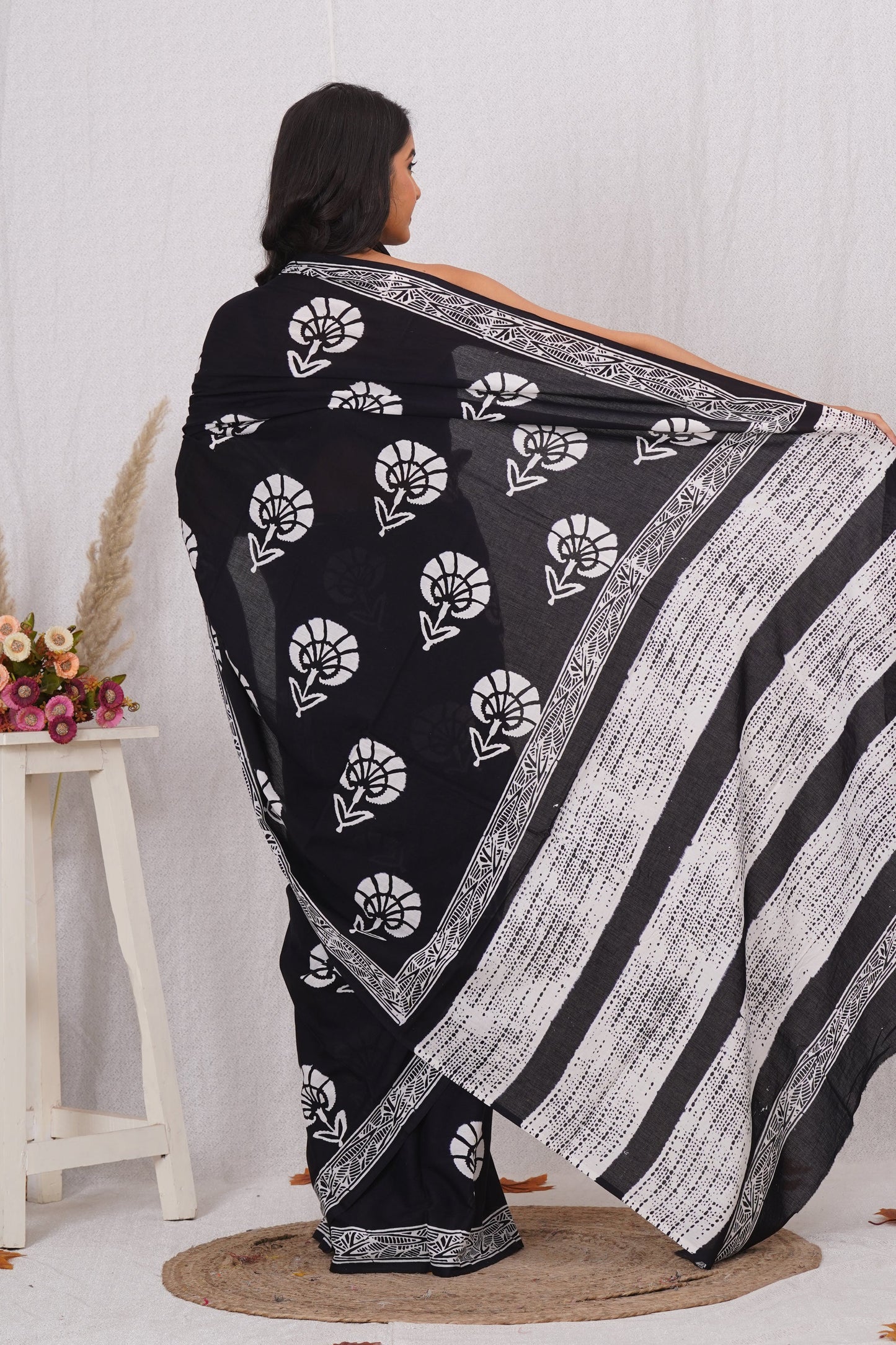 Classic Black and White Floral Saree
