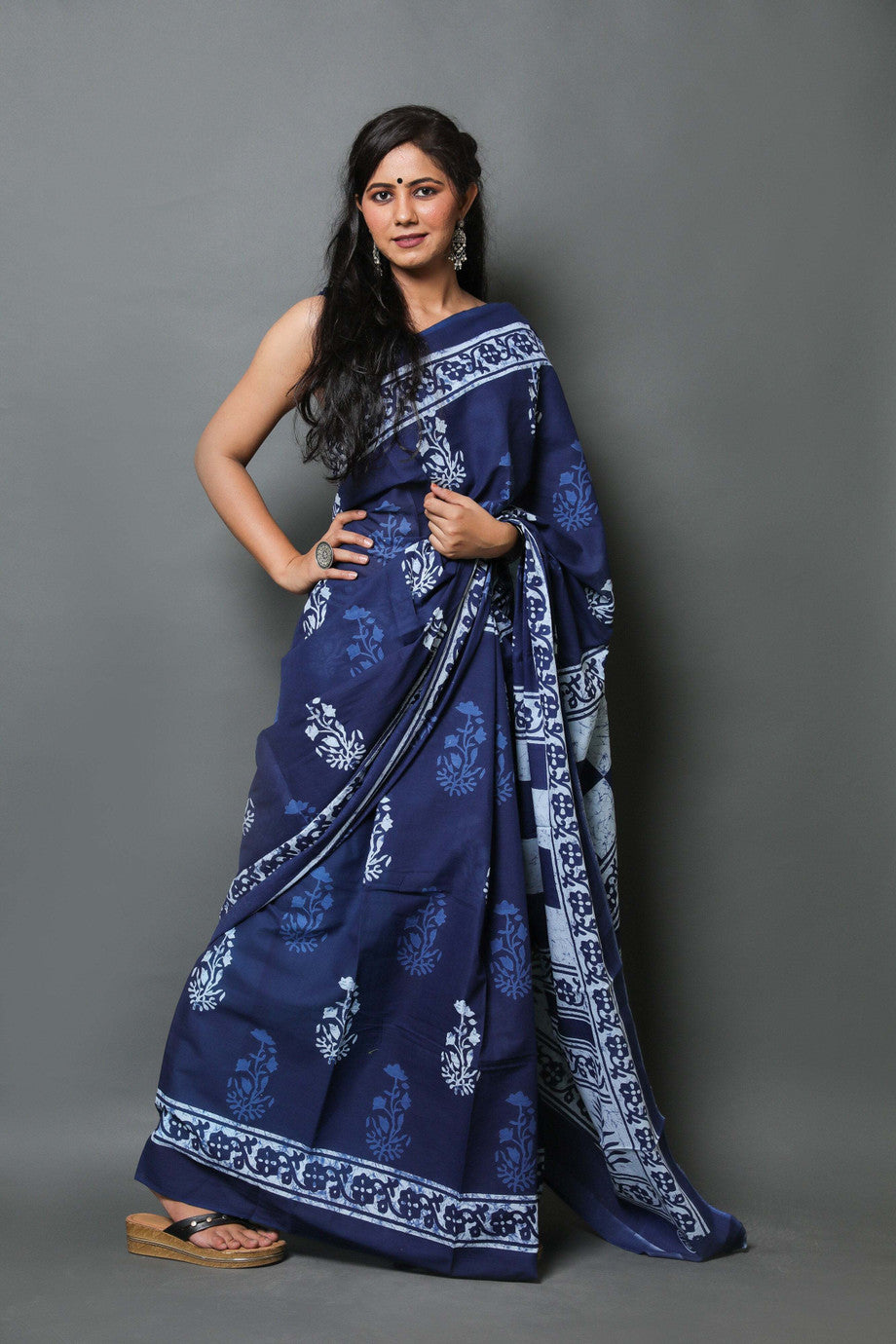Indigo Blue Block-Printed Saree with Geometric Pallu