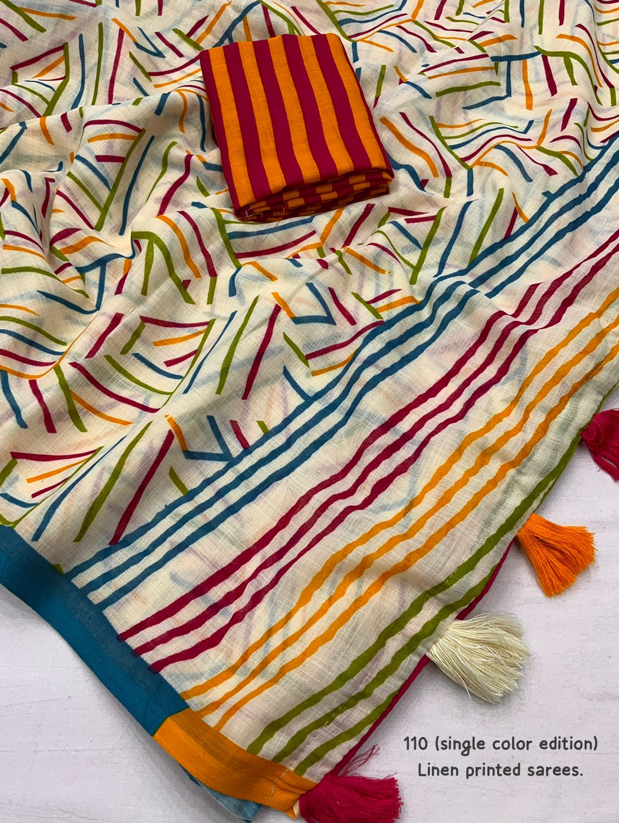 Abstract Geometric Print Saree with Striped Blouse